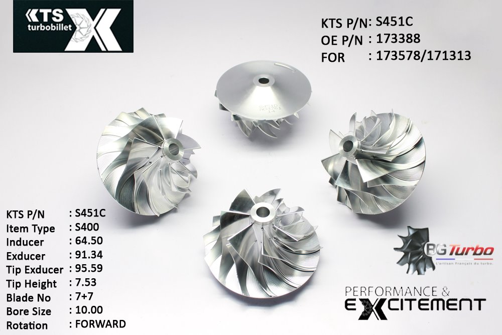 Turbo ROUE FORGÉE MFS PERFORMANCE - 7+7 PALES - INDUCER : 64,5 - EXDUCER : 91,344 - TYPE : S400ANGLE : 60° - ROTATION : Forward - SUPER BACK : 8,5 - BORE SIZE : 10
